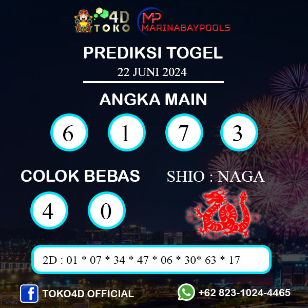 PREDIKSI TOGEL MARINABAY SABTU : 22 JUNI 2024