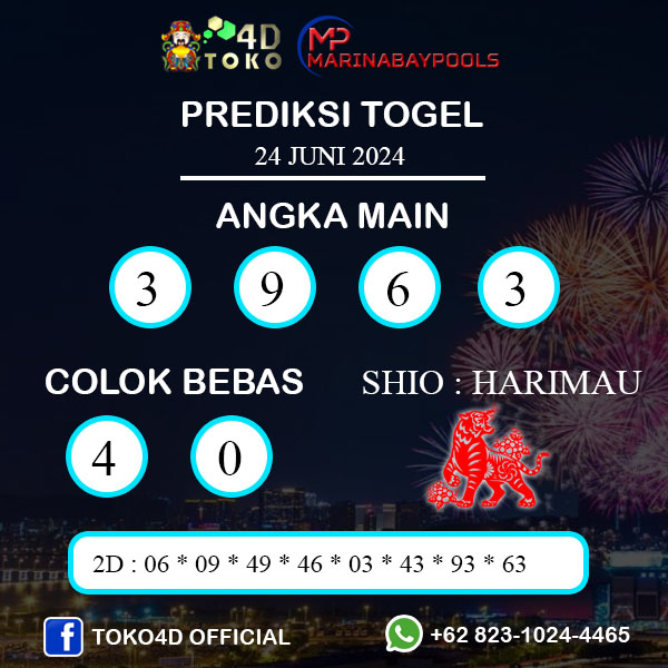 PREDIKSI TOGEL MARINABAY SENIN : 24 JUNI 2024